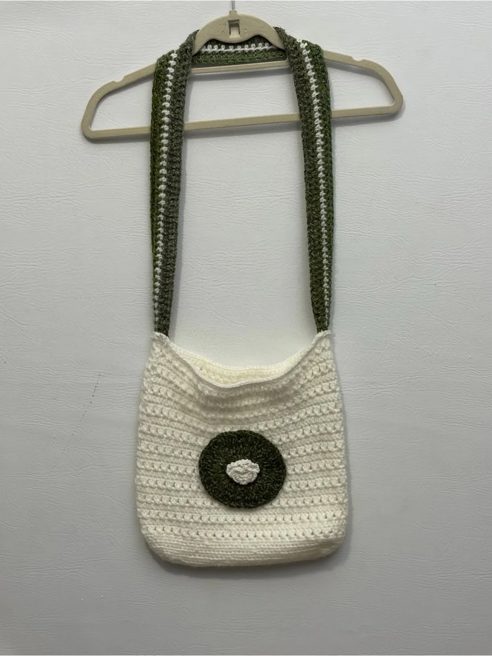 Handcrafted White and Olive Crochet Shoulder Bag - Picture 1 of 8